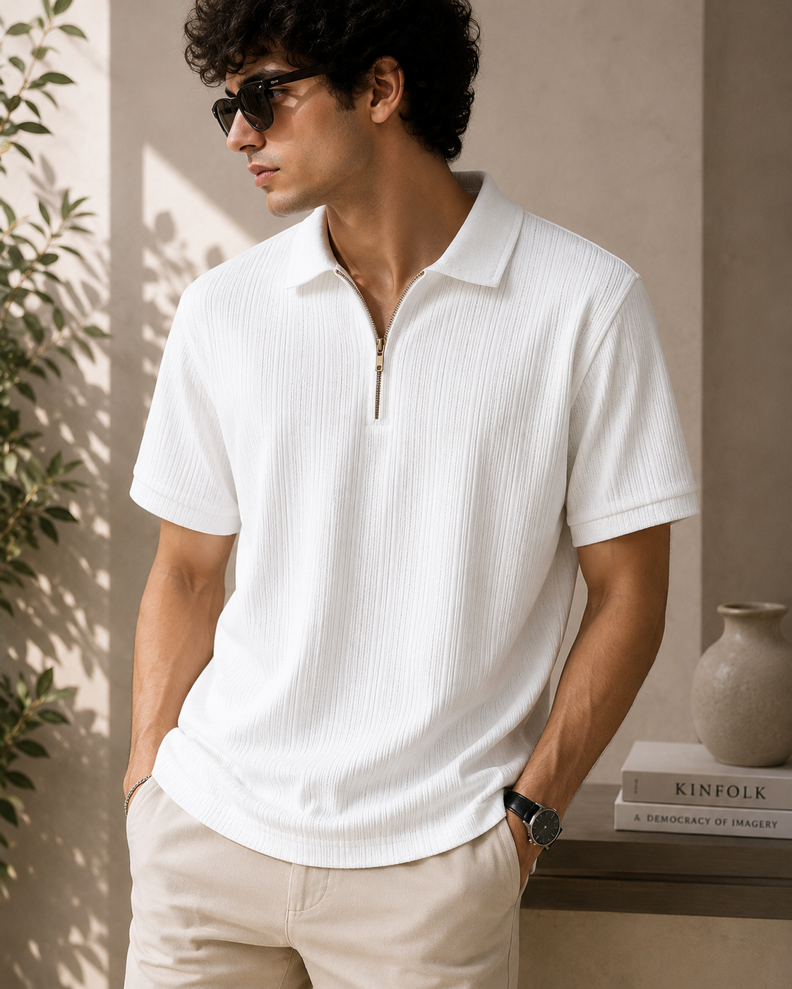 Men’s Textured Zip Polo T-Shirt