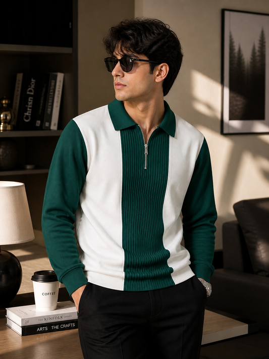Men’s Stylish Colorblock Zip Polo T-Shirt