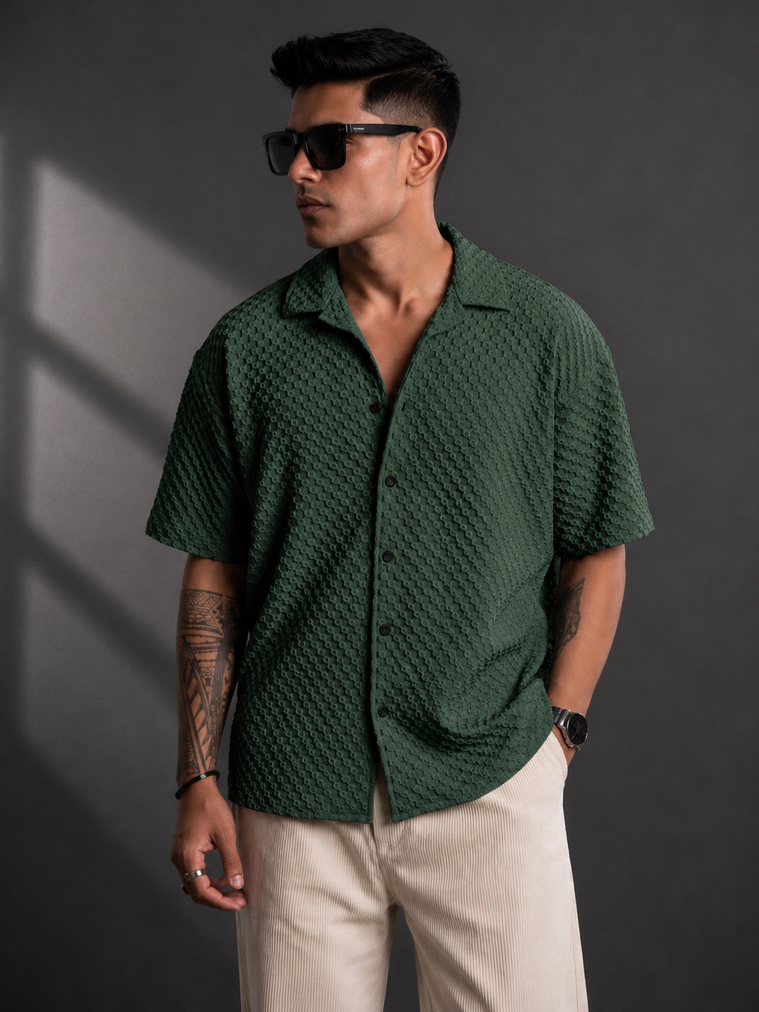 Men’s Textured Relaxed Fit Casual Cuban Collar Shirt