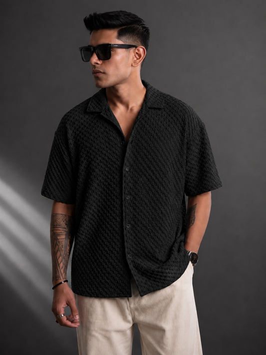 Men’s Textured Relaxed Fit Casual Cuban Collar Shirt