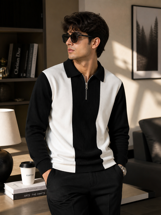 Men’s Stylish Colorblock Zip Polo T-Shirt