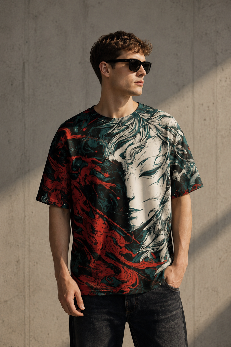 Abstract Marble Face Oversized Graphic T-Shirt – Black Red Edition