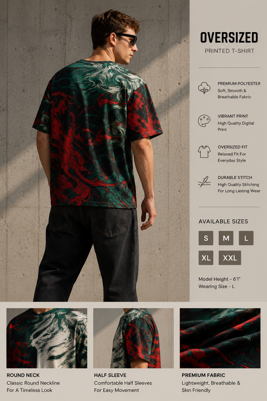 Abstract Marble Face Oversized Graphic T-Shirt – Black Red Edition
