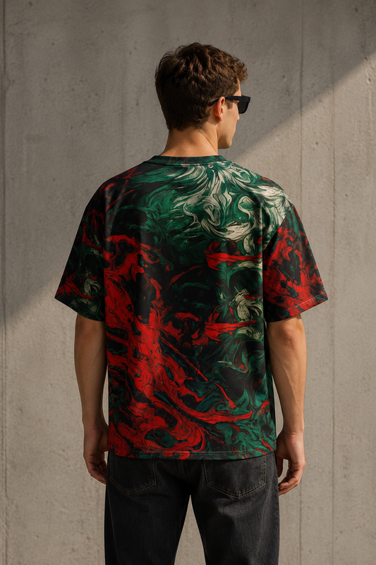 Abstract Marble Face Oversized Graphic T-Shirt – Black Red Edition